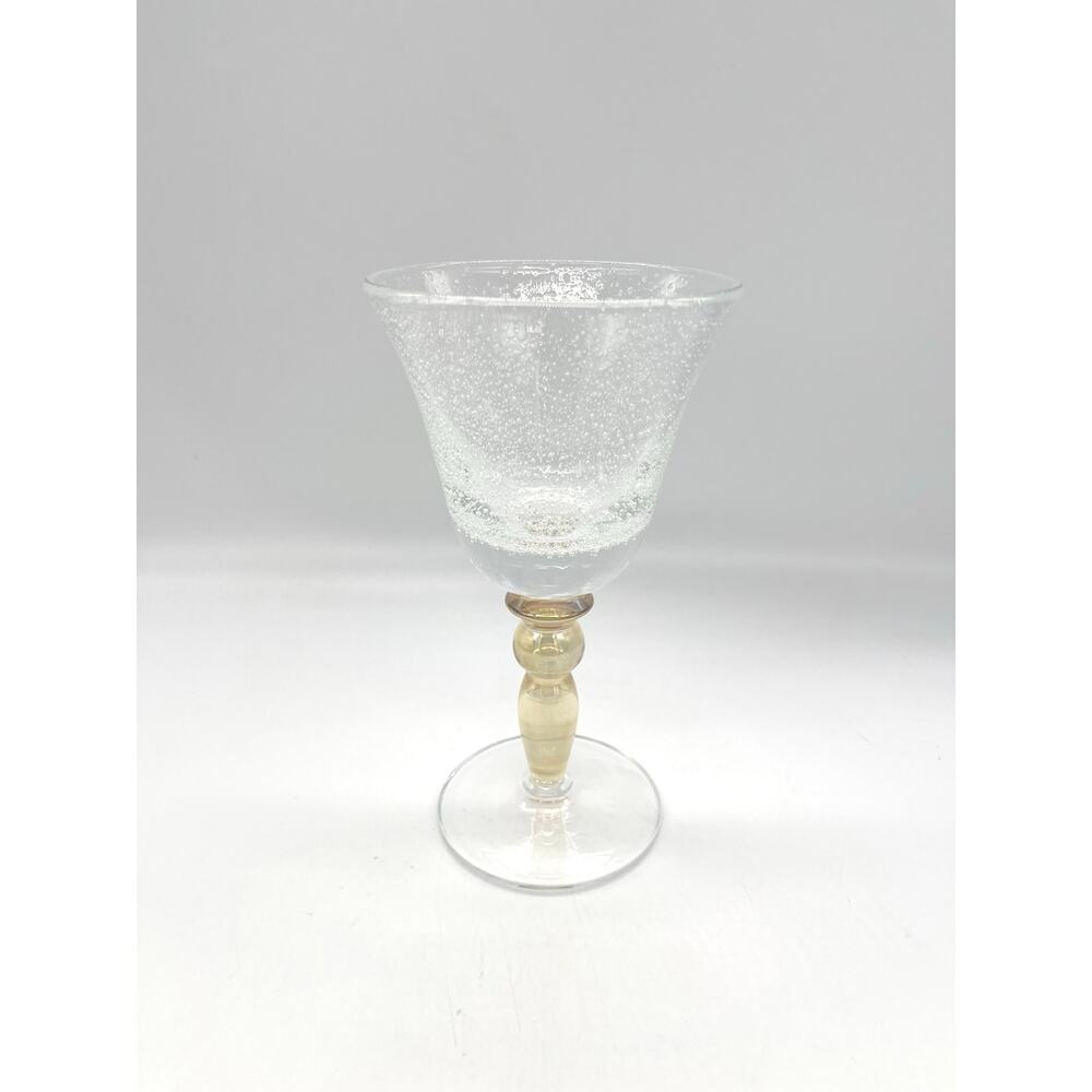 Pottery Barn PBY6 Water Goblet Amber Stem Bubble Glass Seeded 7.25”